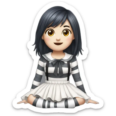 Hyperrealistic Frontal view curvy emo girl sits white skirt striped stockings hands up sticker