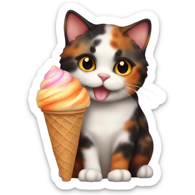 Cute fat tortoiseshell cat eating ice cream sticker