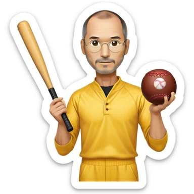 Steve Jobs wearing Bruce Lee's yellow jumpsuit, holding a baseball bat and ball sticker