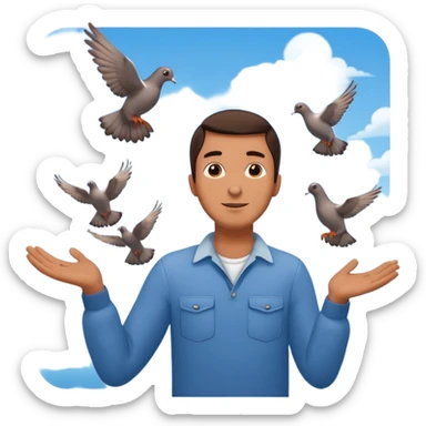 man open arms looking at a flying pigeon sticker