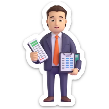 male accountant with spreadsheet, calculator and ledger sticker
