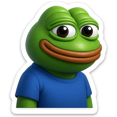 pepe in
- 3d style
- bright green
- blue shirt
- smiling
- looking straight at the camera
- good highlights and shadows
- 30deg angled towards the right
- 20% inset padding sticker