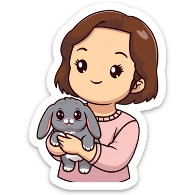 brunette chinita girl holding a brown holland lop rabbit, gray persian cat, and black kitten sticker