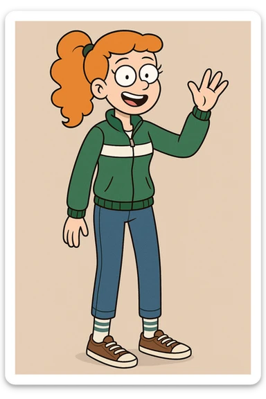 A girl Orange curly ponytail white green stripes ddre sshair jacket jeans blue sports striped socks brown converse women's chuck taylor all star shoreline slip on casual shoe wave and say hello sticker