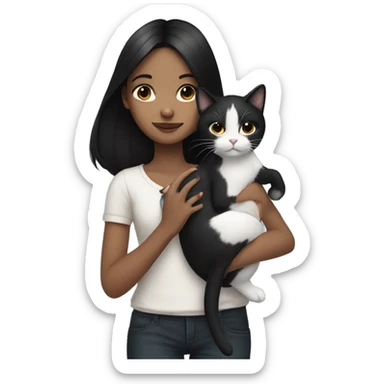 girl with black hair holding a black and white cat sticker