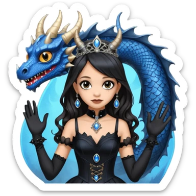 Slim fitting seductive dress Holed and worn Lavish black evening gown with see-through black gloves , Jenna Ortega as Addams woman wearing a steampunk mini tiara, very large blue evil-looking horned old dragon evil eyes  sticker