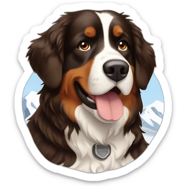bernese mountain dog hiking with a woman with brown hairr a mountain in snow in Norway sticker