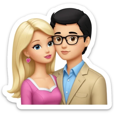 pretty light blonde girl barbie kissing boy nerd with black hair and tan skin on the cheek sticker