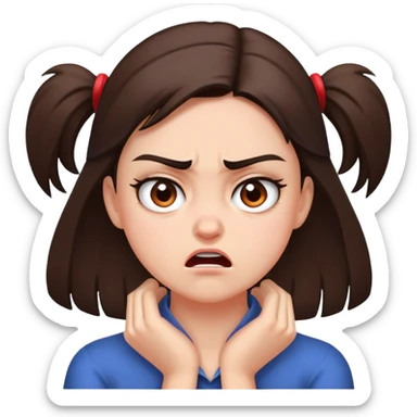 a brunette girl that has both of her hands on the front of her neck angry sticker