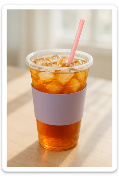 realistic sweet tea cup, lavender sleeve, pink straw, ice cubes, natural lighting sticker