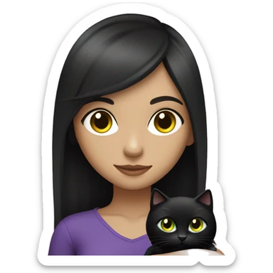 Fair skinned girl green eyes and long black hair, wearing purple and holding a black cat with yellow eyes sticker