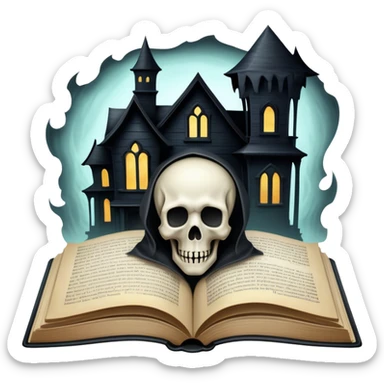 Icon for Horror and Mystery Reading: an open book with eerie, dark pages, a haunted house silhouette, a ghostly figure, and a skull. The icon should capture the suspense, fear, and mystery of horror and supernatural stories. Transparent background. sticker