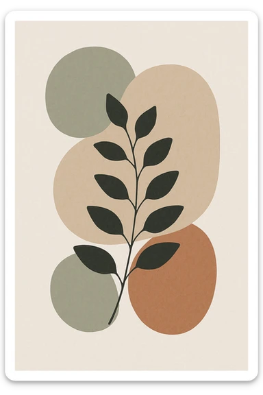 abstract botanical wall art, minimalist scandinavian style, large rounded organic shapes, eucalyptus branch silhouette, neutral earth tones (beige, sage, terracotta), subtle paper texture, modern interior decor, full bleed composition --v 6 --ar 3:4 --q 2 --style 4a sticker