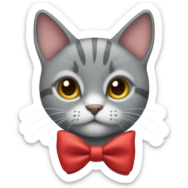 A gray cat with a red bow sticker