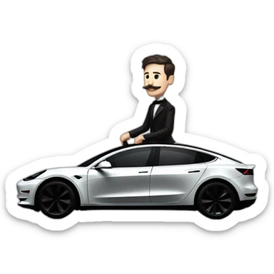 Nikola Tesla riding a black Tesla Model 3, side view sticker