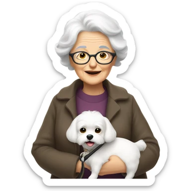 Old lady with white hair walking a little white dog  sticker