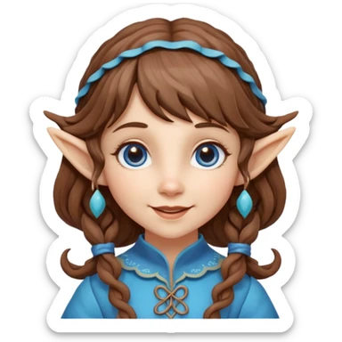 Kind happy whimsical quirky Girl toymaker, wood carving elf. Woodland creator. Blue eyes. brown hair (just below chin length) wavy hair & bangs. Whimsical playful cute sticker
