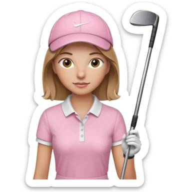 person with medium length bronde hair, light pink outfit, and golf club sticker