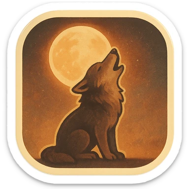 animated howling wolf under a glowing full moon, retro vintage style, cozy acoustic aesthetic, warm muted colors, subtle grain, soft lines, 112x112px, smooth loop, nostalgic analog mood sticker