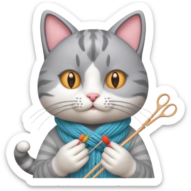 knitting cat portrait, head and shoulders only, cute cat holding knitting needles and yarn, cozy expression, warm handmade vibe, 3D cartoon style, mobile game icon style, clean background, no text, no watermark
 sticker