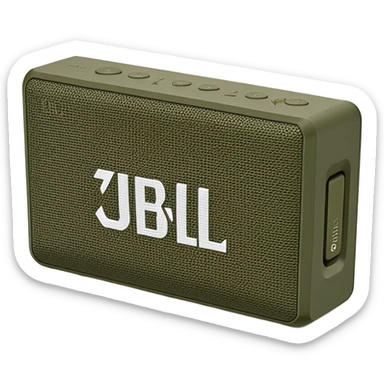 Military green JBL Go 4 portable speaker, compact size, with visible buttons and fabric speaker mesh, khaki colored electronic device sticker