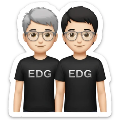 2 boys standing together. oner wearing black t-shirts with the letters 'EDG' fluffy short hair and silver rectangular glasses. the other one has black hair, smiled brightly, no glasses. the one who has no glasses is taller sticker