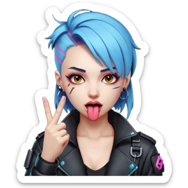 Woman with her tongue out in cyberpunk clothing and giving the middle finger. Looking naughty. sticker