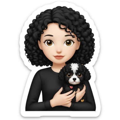 Moça branca com cabelo cacheado preto. Roupa preta e Com um cachorro no colo sticker