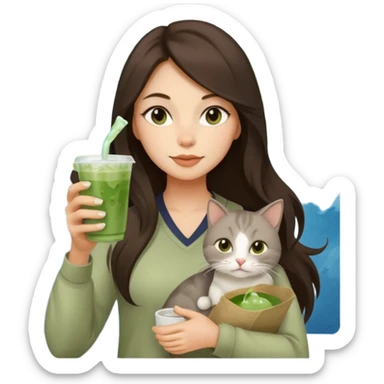 a brunette woman with long hair in here 30S drinking an iced matcha, carrying a grey cat and a map of the world sticker