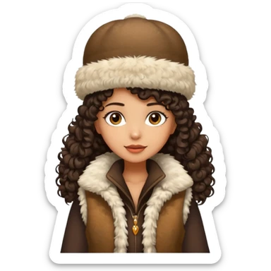 "A girl with curly dark hair 👩🏻‍🦱, wearing a fur hat 👒🦊 and a fur vest 🧥, standing in the snow ❄️ with pine trees 🌲 in the background, holding a Bashkir dombyra 🎶. Emoji style." sticker