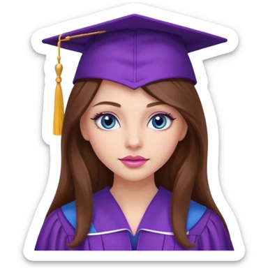 girl with gorgeous long brown hair, blue eyes, long lashes makeup, sexy pink lips, wearing a purple graduation cap and gown sticker
