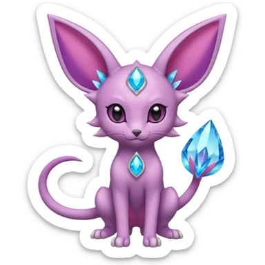 Espeon pokemon, pastel purple body color, dark pink jewel middle of forehead only, end of tail split in two, ear like flaps coming out 
of each cheek, inside of big pointy ears is blue
 (full body) sticker