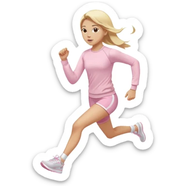 A girl in light pink tight-fitting sportswear, a long-sleeved fitted sweatshirt and shorts is running, her hair is long, blonde, and straight, wearing white sneakers. sticker