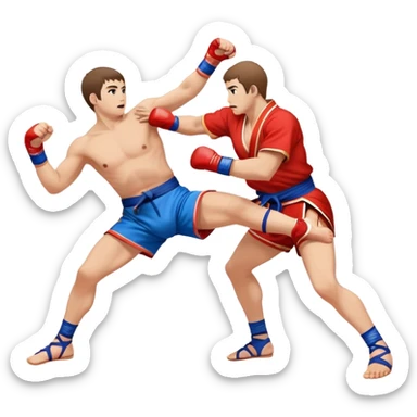 An icon symbolizing Sambo, featuring two fighters in blue and red kimonos with shorts and wrestling shoes. One executes a powerful throw, while the other attempts a defensive grab. The fighters are engaged in a grapple, using joint locks and sweeps.  sticker