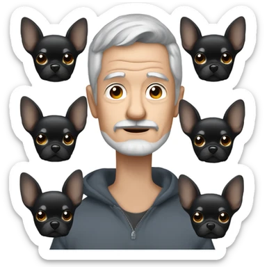 Older man blue eyes gray hair gray goatee ball cap holding black longhair chihuahua  sticker