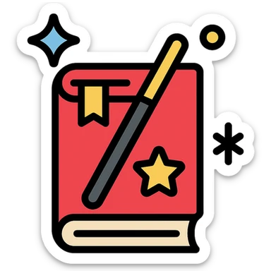magical book with a wand and colorful accents, color icon style sticker