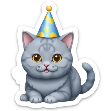 British shorthair blue cat happily wears a birthday hat sticker