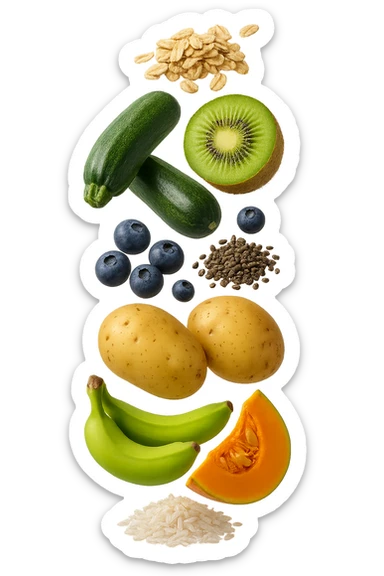 carota, fiocchi di avena, zucchine, kiwi, mirtilli, semi di chia, patate, banane acerbe, zucca, riso fluttuano in aria verticalmente, iperrealistici 4k sticker
