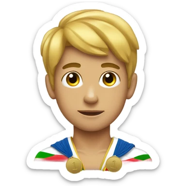 Boy with 5 gold medals on his neck near the sailboat sticker