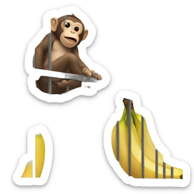 The monkey's outside. Banana inside the cage.  Monkey trying to get the banana out of the cage sticker