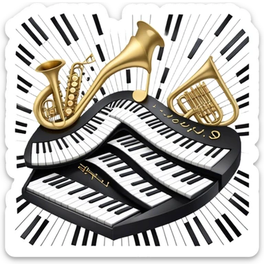 Create a detailed and elegant emoji collage representing keyboard instruments in a celebratory and professional style, reminiscent of a coat of arms. The design should feature a central arrangement of black and white piano keys, forming a symmetrical, powerful image. Around the keys, include a flowing ribbon of musical notes that intertwines with the keys, creating a sense of movement and harmony. Use gold and silver accents to highlight the keys and musical notes, giving the design a festive, high-quality appearance. The design should convey professionalism, elegance, and a sense of occasion. Add subtle reflections on the piano keys to enhance the polished look. The background should be transparent. sticker