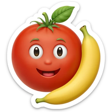 A cute tomato with a face eating a banana sticker