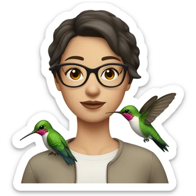 Girl pale , brunette, with short hair, wearing glasses with a hummingbird next to her sticker