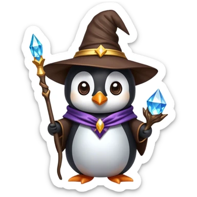 cute penguin dressed up as a wizard holding a staff that has a crystal on it sticker