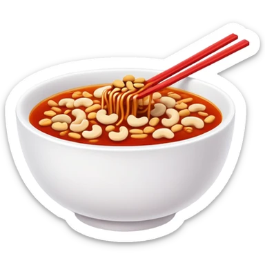 Chongqing Xiaomian with red spicy broth and peanuts, simplified emoji style with bold outlines and bright colors, cartoon style hot Sichuan street noodles sticker