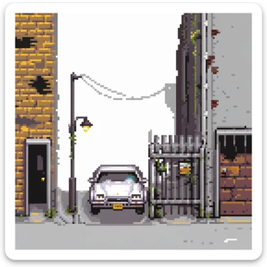 Pixel art back alley, graffiti walls, broken fence, flickering street light, abandoned car, urban decay, vertical composition, 9:16, Sega style 2D fighter background
 sticker
