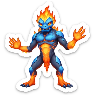 a mystical fast lava creature without arms with molten lava on its head and some rocky shoulders, fire crystals, blue flames, fire legs, no background sticker