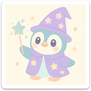 a cute penguin wizard casting a sparkling spell, wearing a starry robe and hat sticker