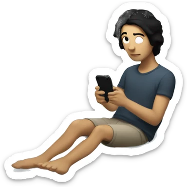 A white person with black hair sits on the edge of a bed, looking at their phone in a softly lit room, with the full bed and surroundings in view." sticker