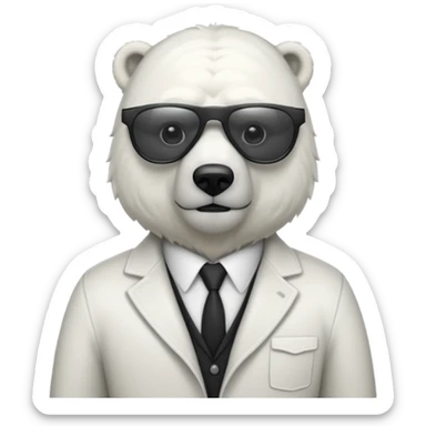 Make a humanoid polar bear with a secret agent outfit and dark black glasses sticker